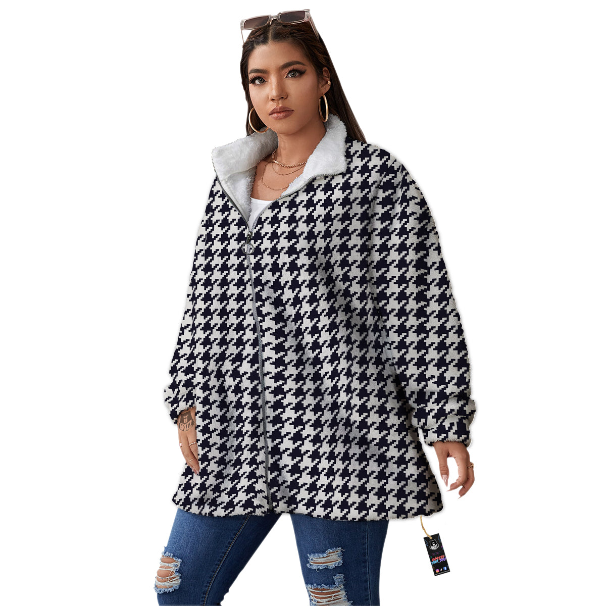 Houndstooth Black Pixel Print Pattern Women's Sherpa Jacket-grizzshop