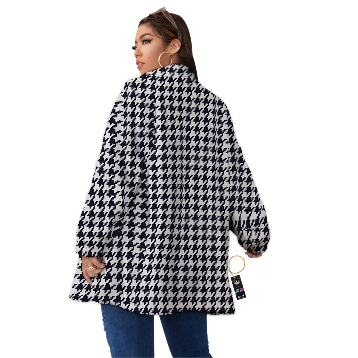 Houndstooth Black Pixel Print Pattern Women's Sherpa Jacket-grizzshop