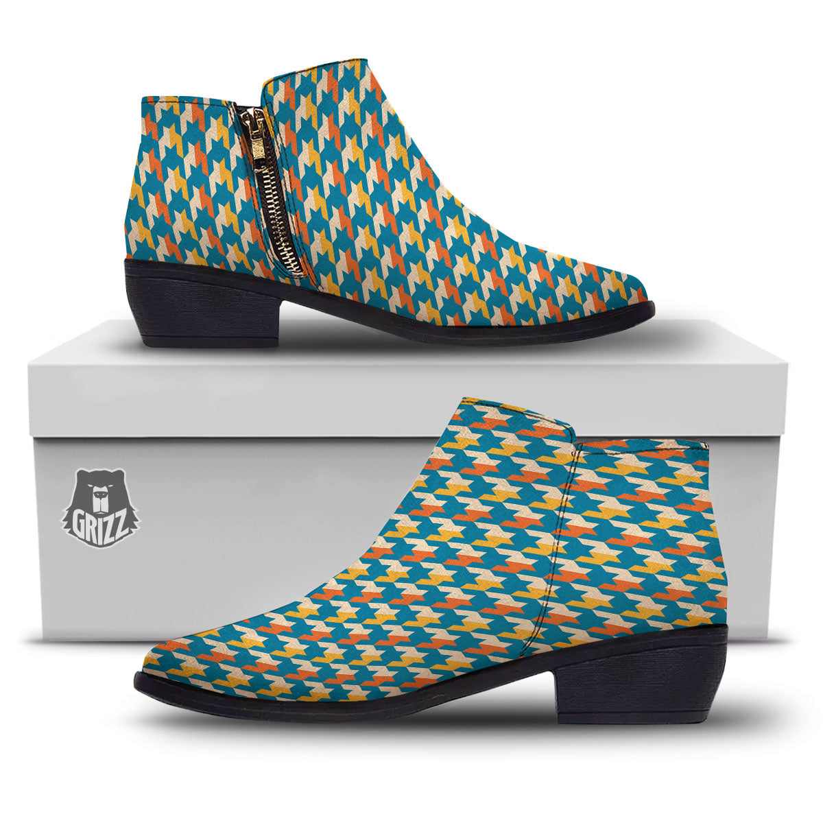 Houndstooth Blue And Orange Print Ankle Boots-grizzshop
