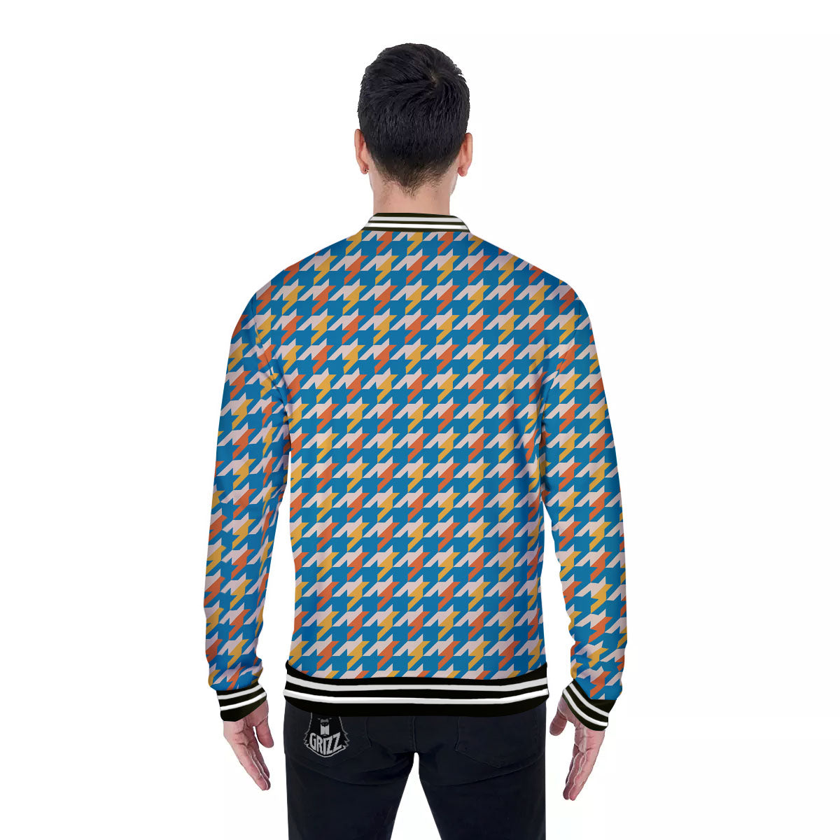 Houndstooth Blue And Orange Print Baseball Jacket-grizzshop