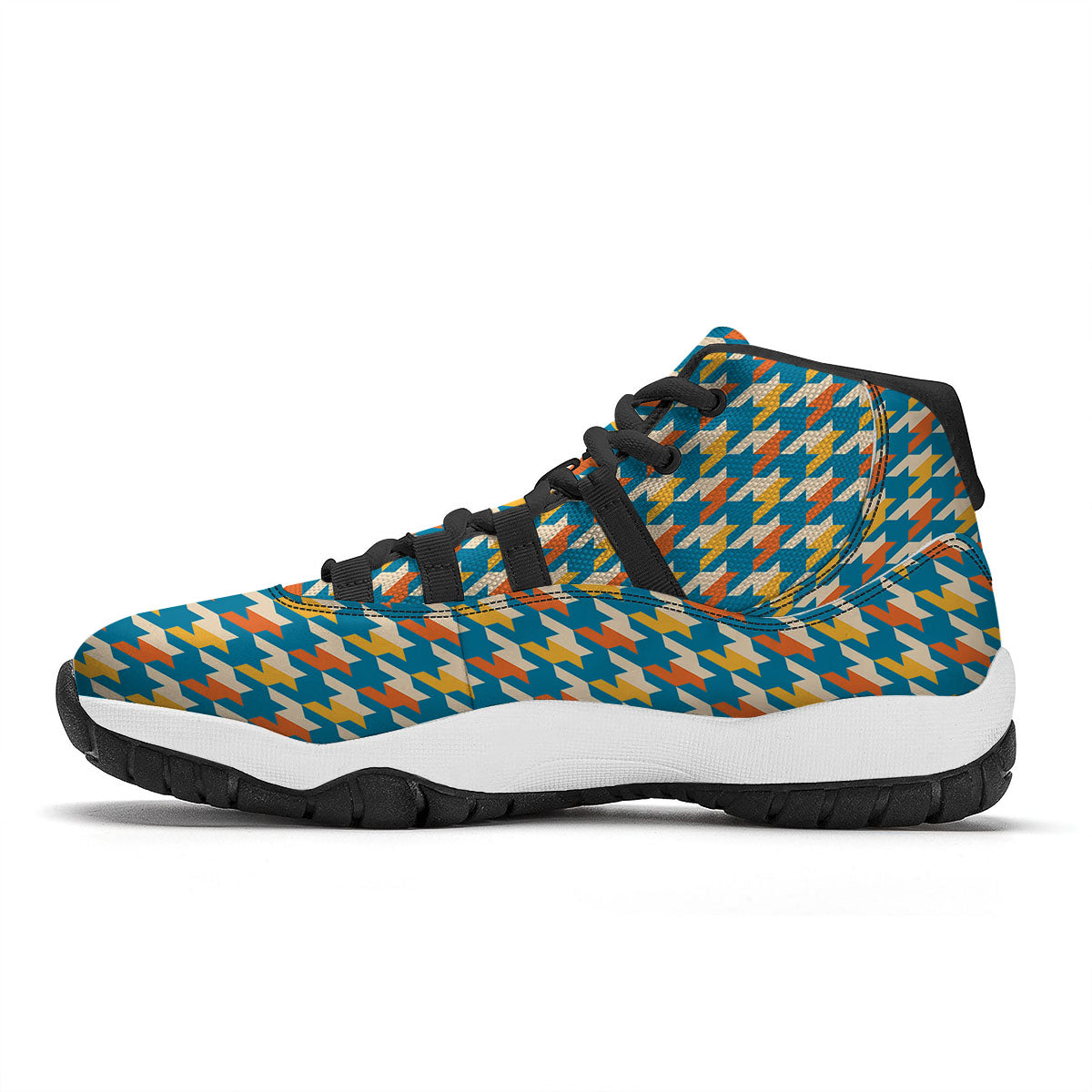 Houndstooth Blue And Orange Print Black Bball Shoes-grizzshop