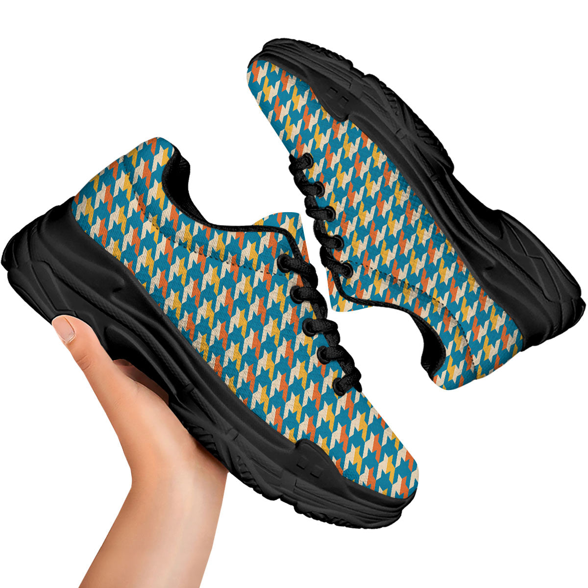 Houndstooth Blue And Orange Print Black Chunky Shoes-grizzshop