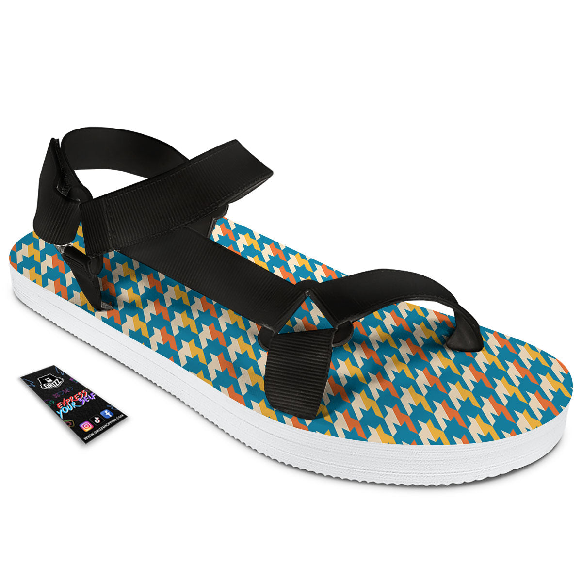 Houndstooth Blue And Orange Print Black Open Toe Sandals-grizzshop