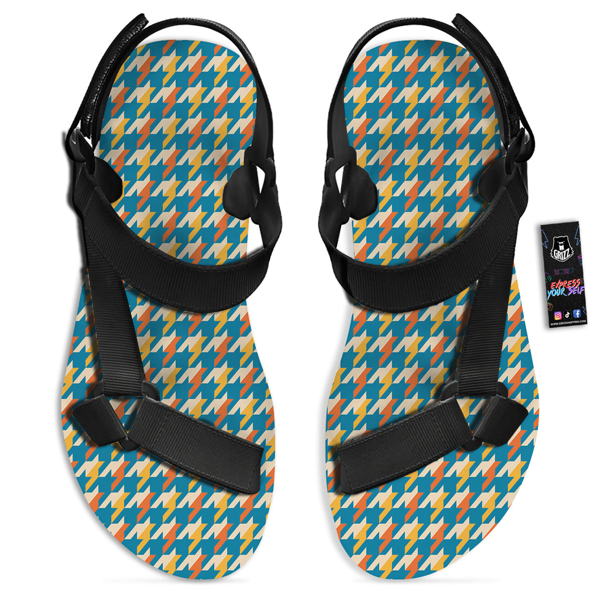 Houndstooth Blue And Orange Print Black Open Toe Sandals-grizzshop