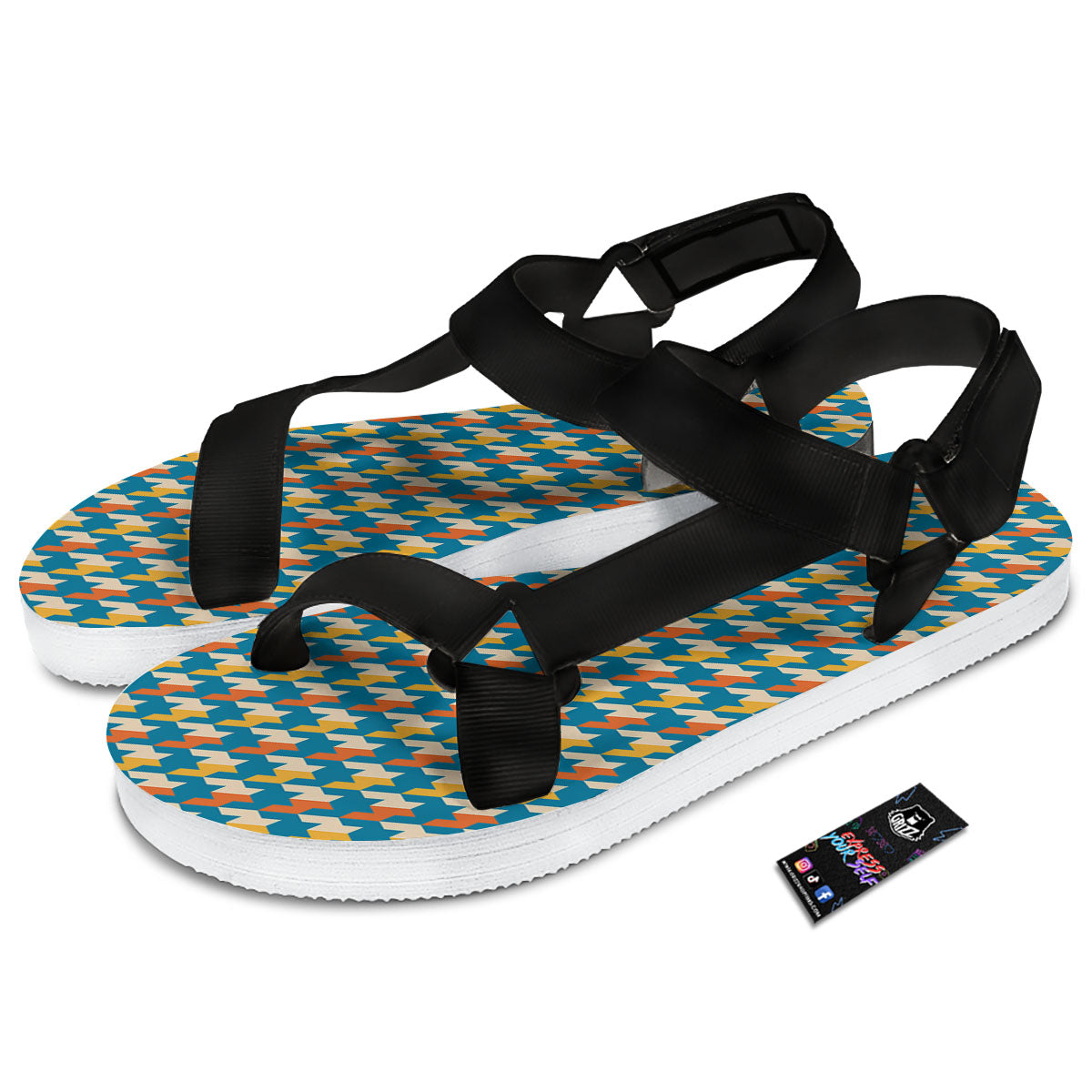 Houndstooth Blue And Orange Print Black Open Toe Sandals-grizzshop