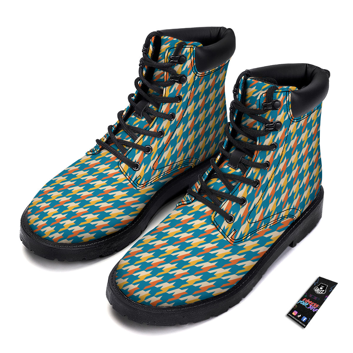 Houndstooth Blue And Orange Print Boots-grizzshop