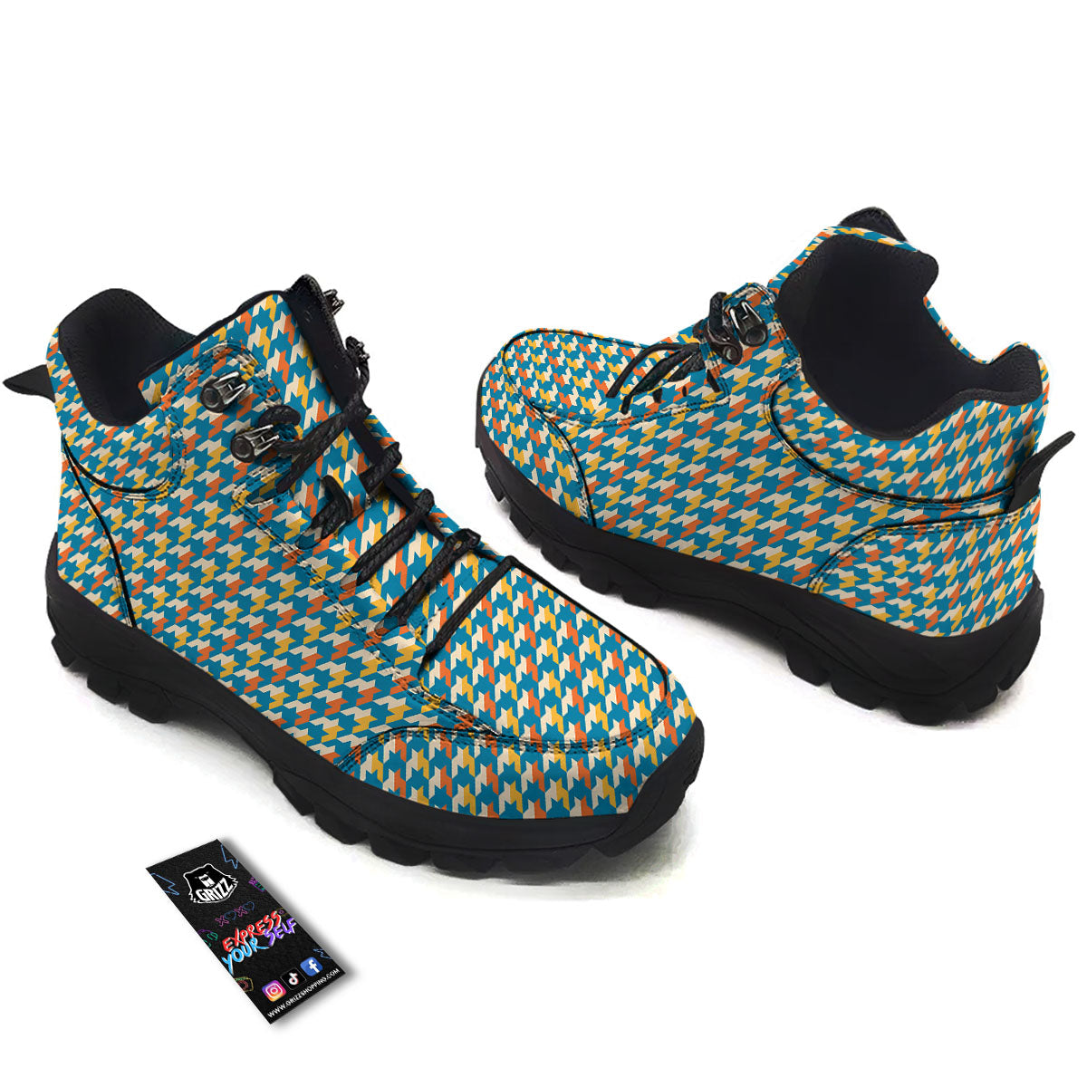 Houndstooth Blue And Orange Print Hiking Shoes-grizzshop