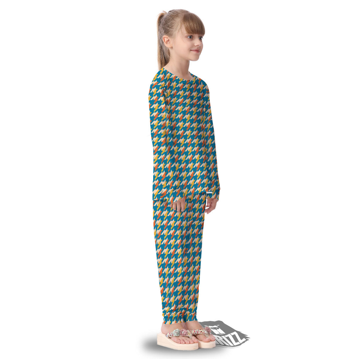 Houndstooth Blue And Orange Print Kid's Pajamas-grizzshop