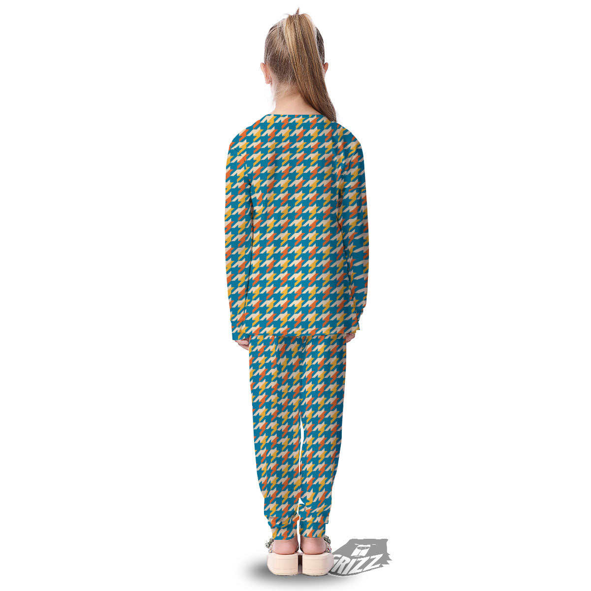 Houndstooth Blue And Orange Print Kid's Pajamas-grizzshop