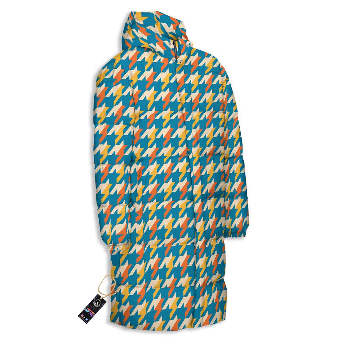 Houndstooth Blue And Orange Print Long Down Jacket-grizzshop