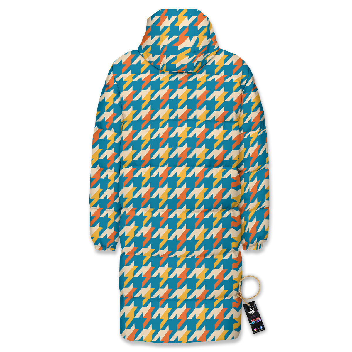 Houndstooth Blue And Orange Print Long Down Jacket-grizzshop