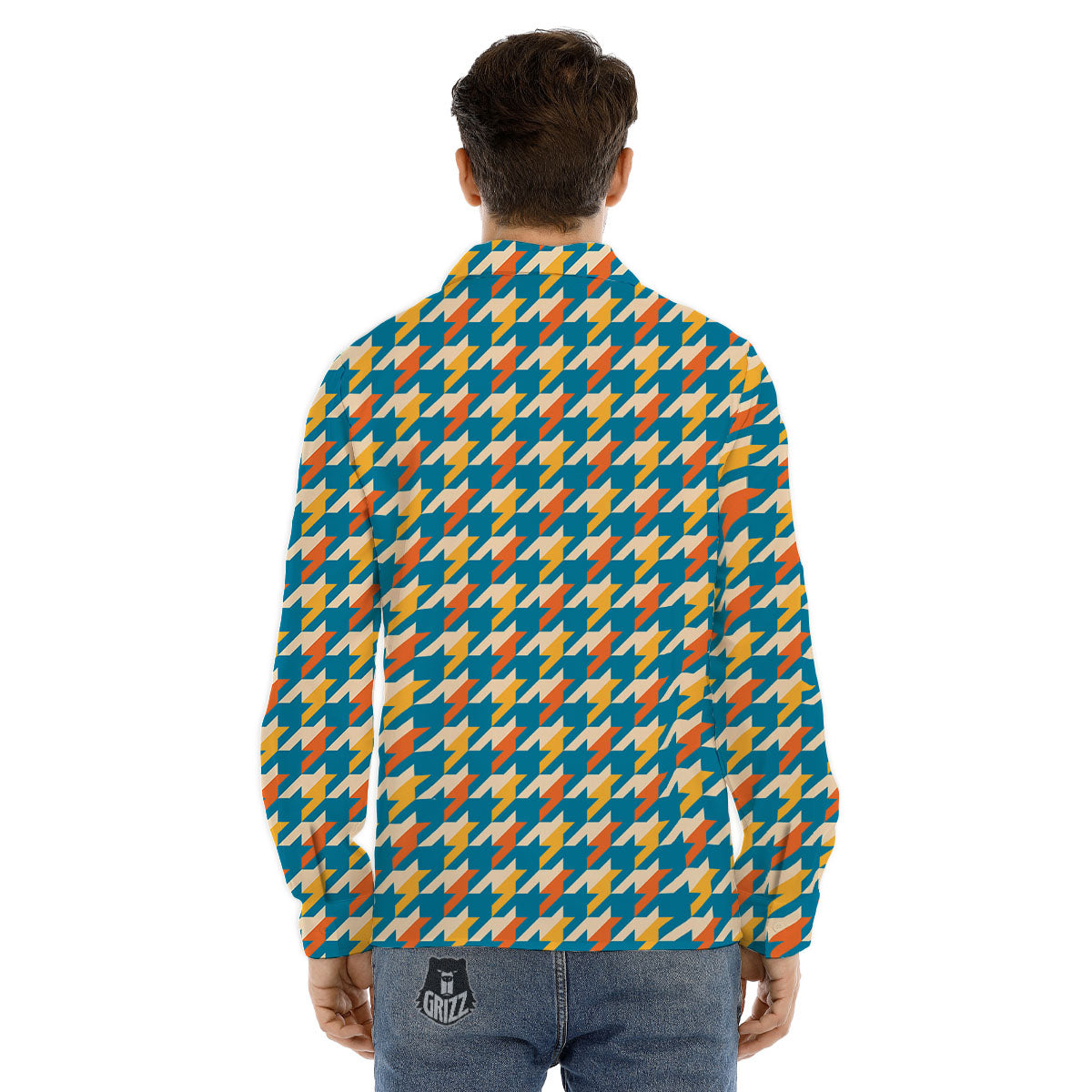 Houndstooth Blue And Orange Print Men's Dress Shirts-grizzshop