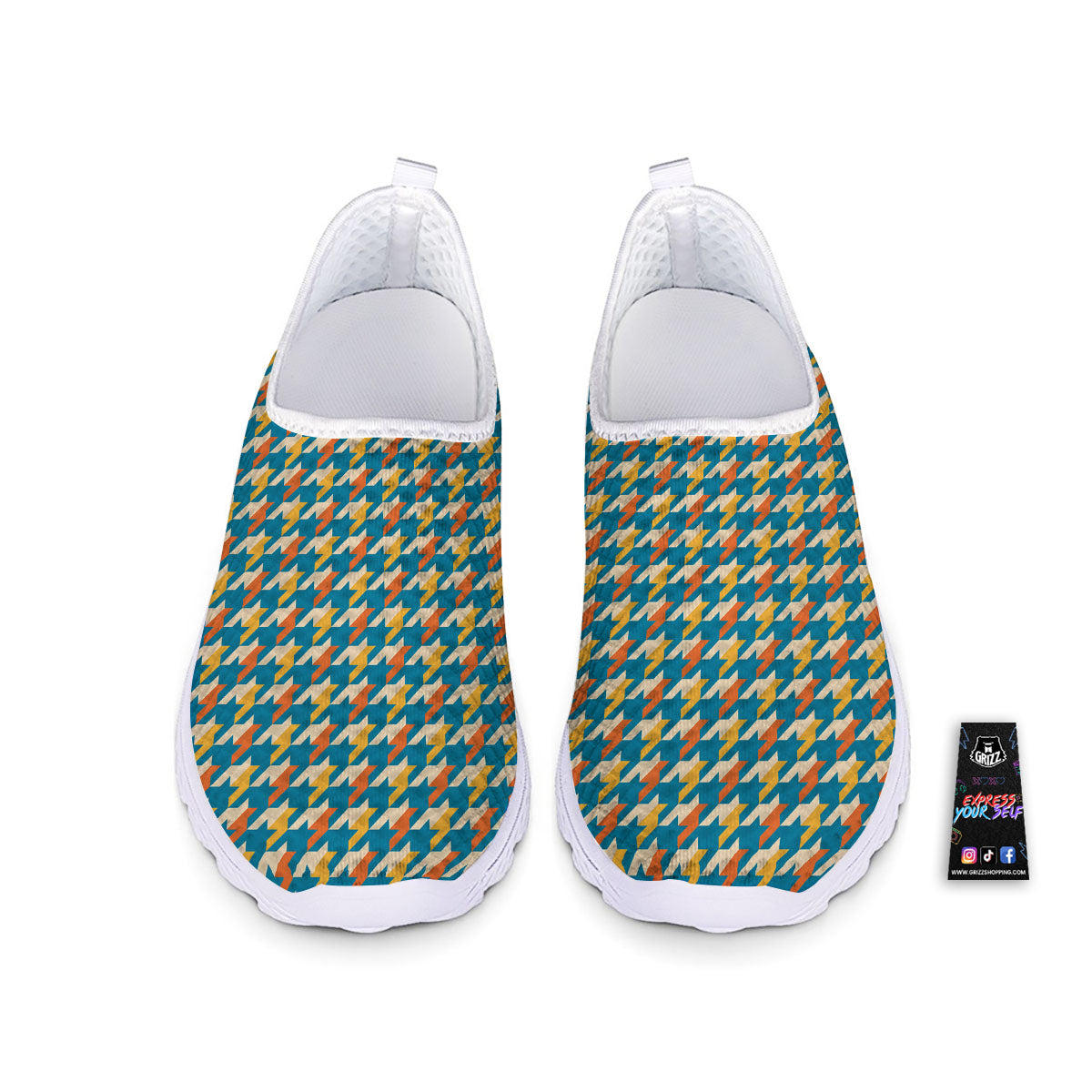 Houndstooth Blue And Orange Print Nurse Shoes-grizzshop