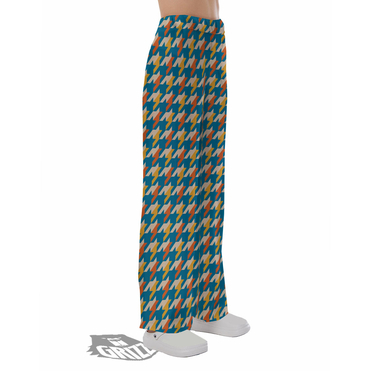 Houndstooth Blue And Orange Print Pajama Pants-grizzshop