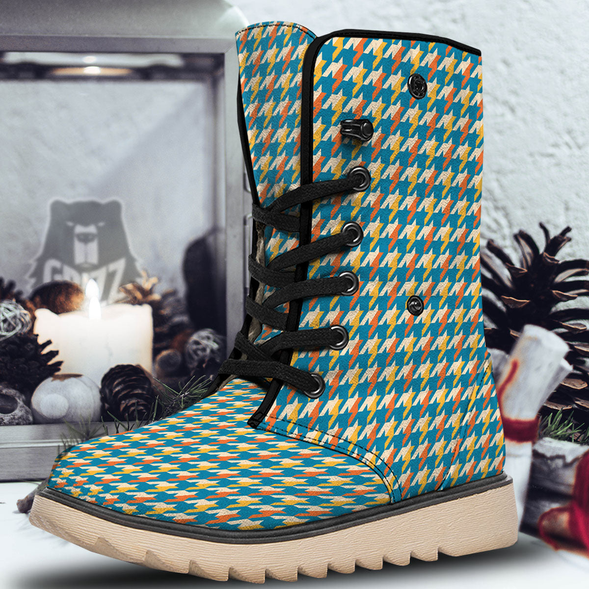 Houndstooth Blue And Orange Print Snow Boots-grizzshop