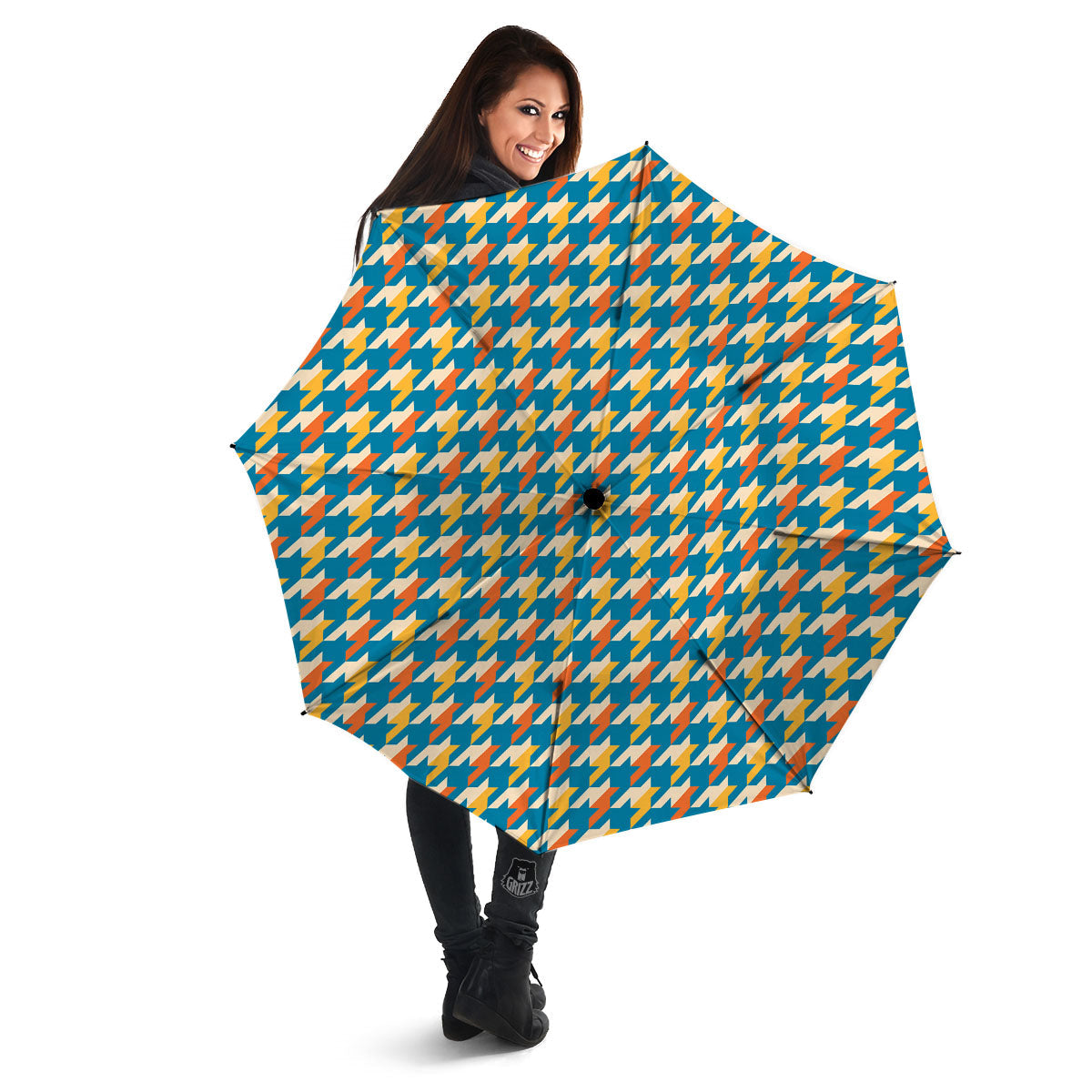 Houndstooth Blue And Orange Print Umbrella-grizzshop