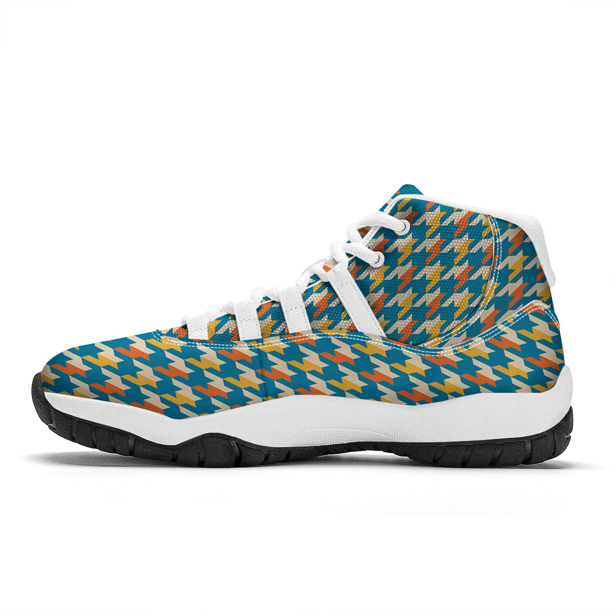 Houndstooth Blue And Orange Print White Bball Shoes-grizzshop
