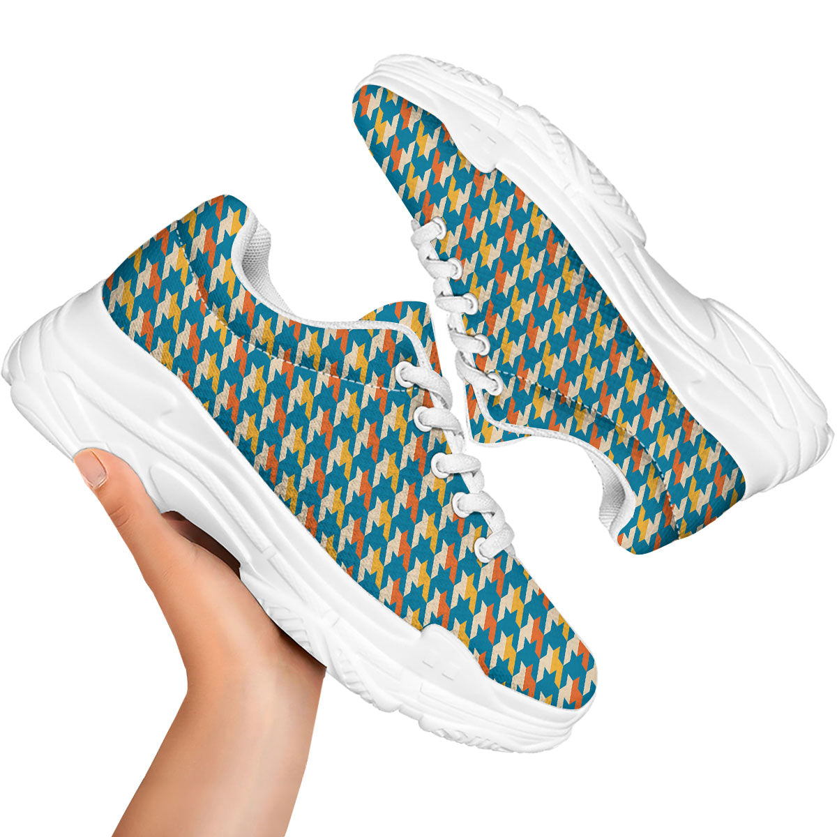 Houndstooth Blue And Orange Print White Chunky Shoes-grizzshop