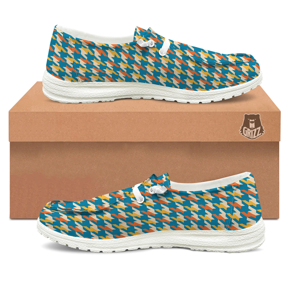 Houndstooth Blue And Orange Print White Loafers-grizzshop