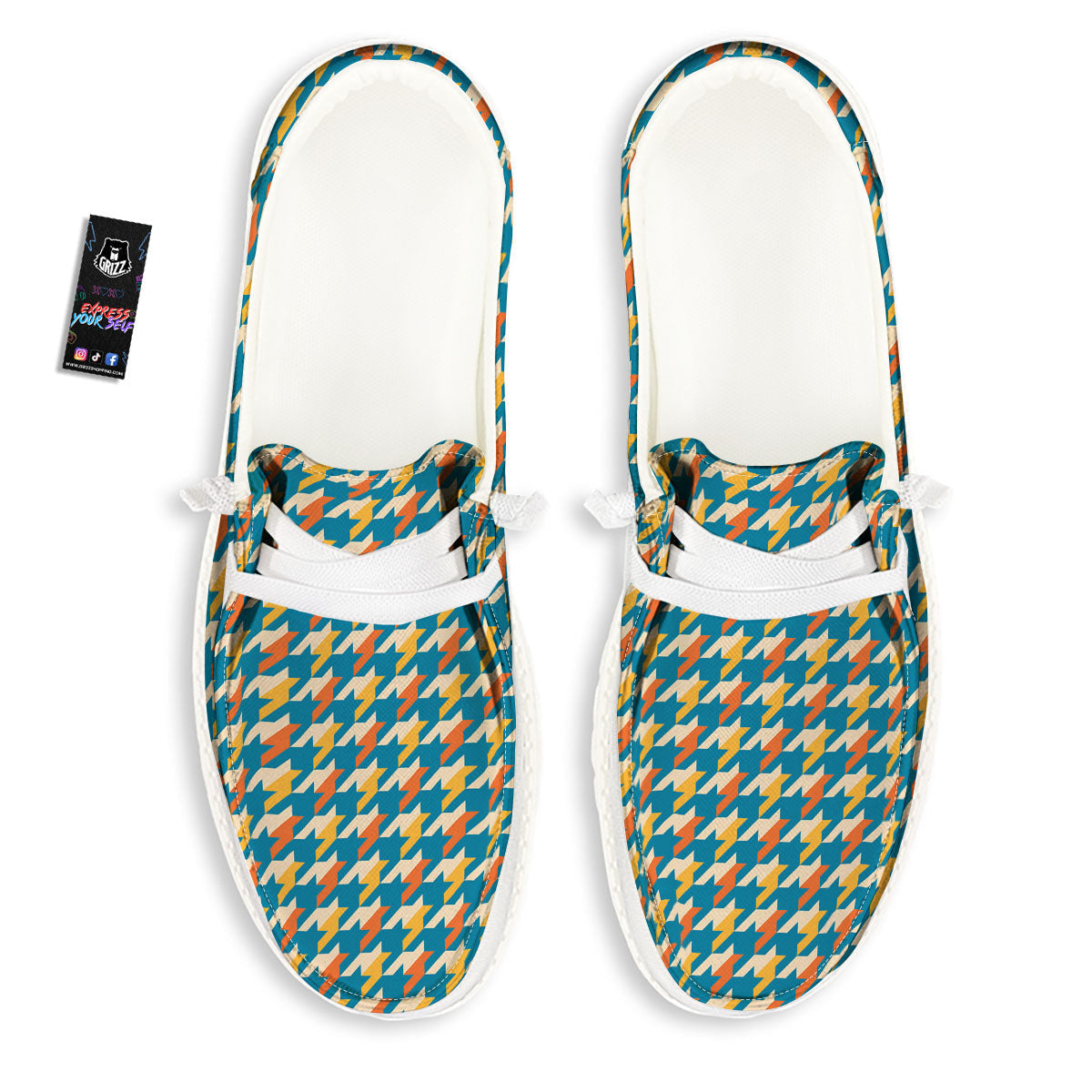 Houndstooth Blue And Orange Print White Loafers-grizzshop