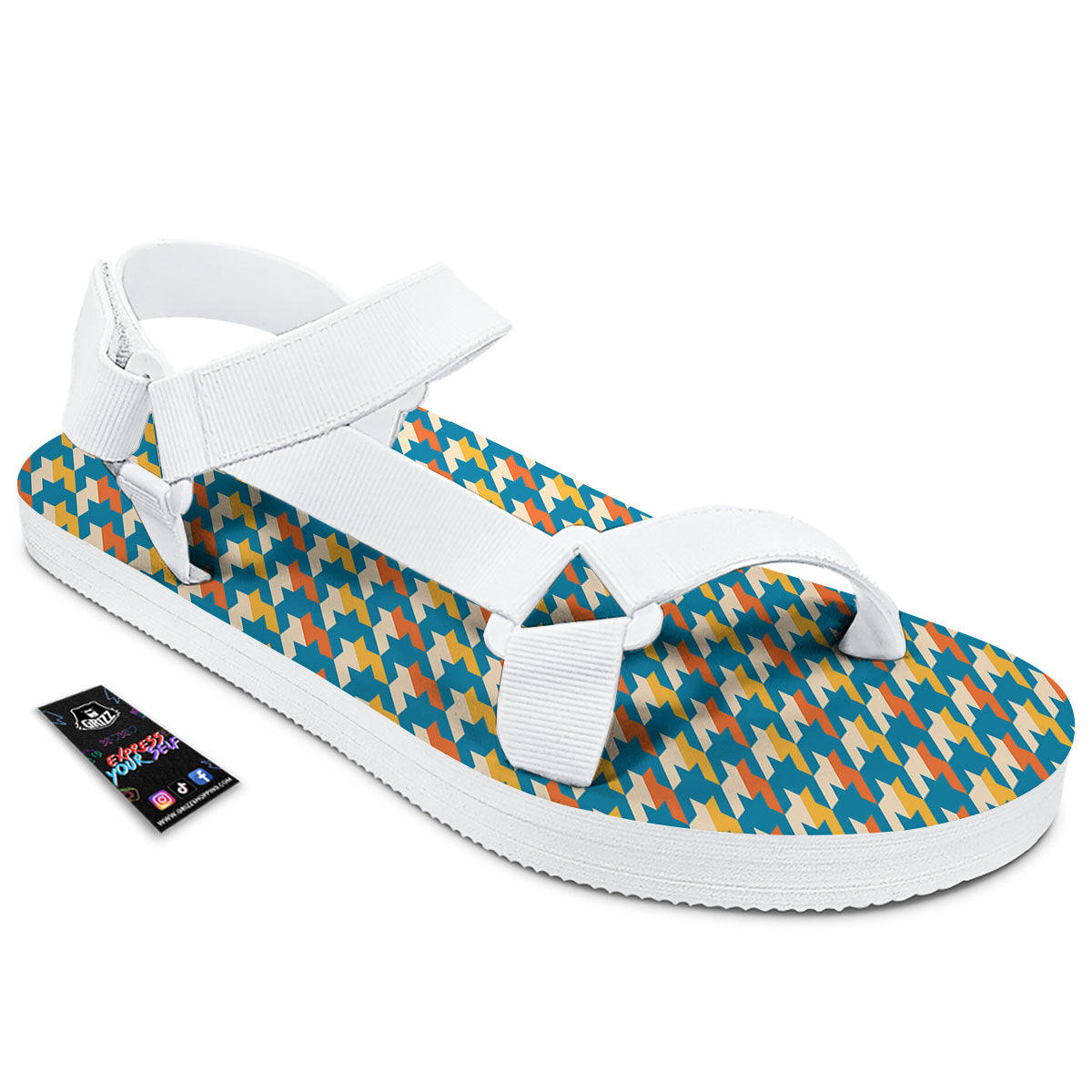 Houndstooth Blue And Orange Print White Open Toe Sandals-grizzshop