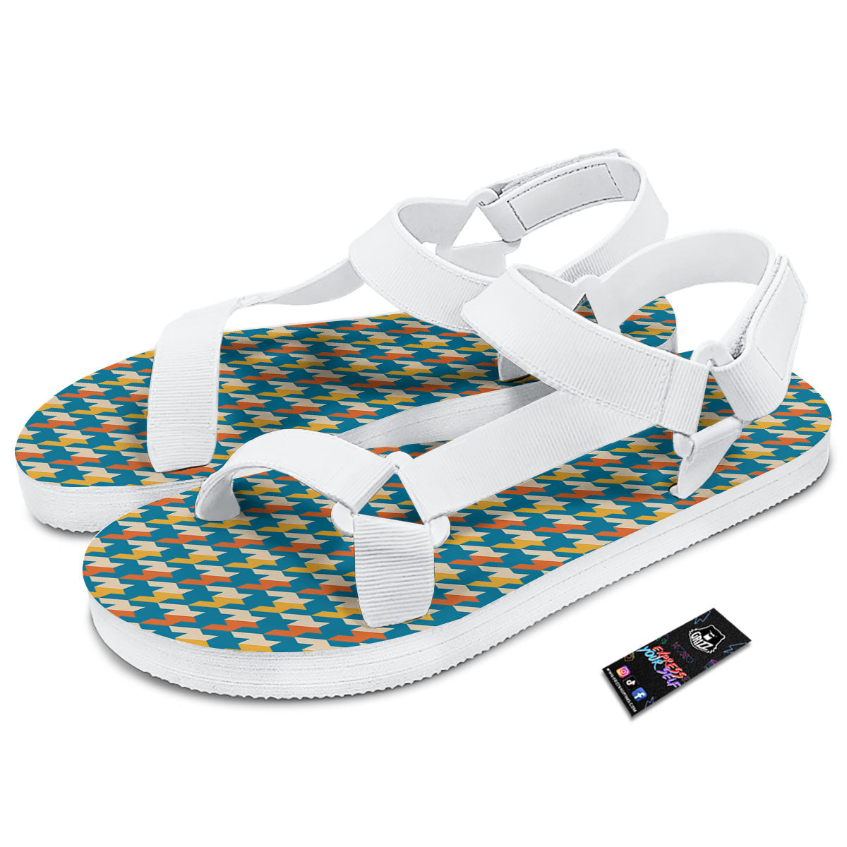 Houndstooth Blue And Orange Print White Open Toe Sandals-grizzshop
