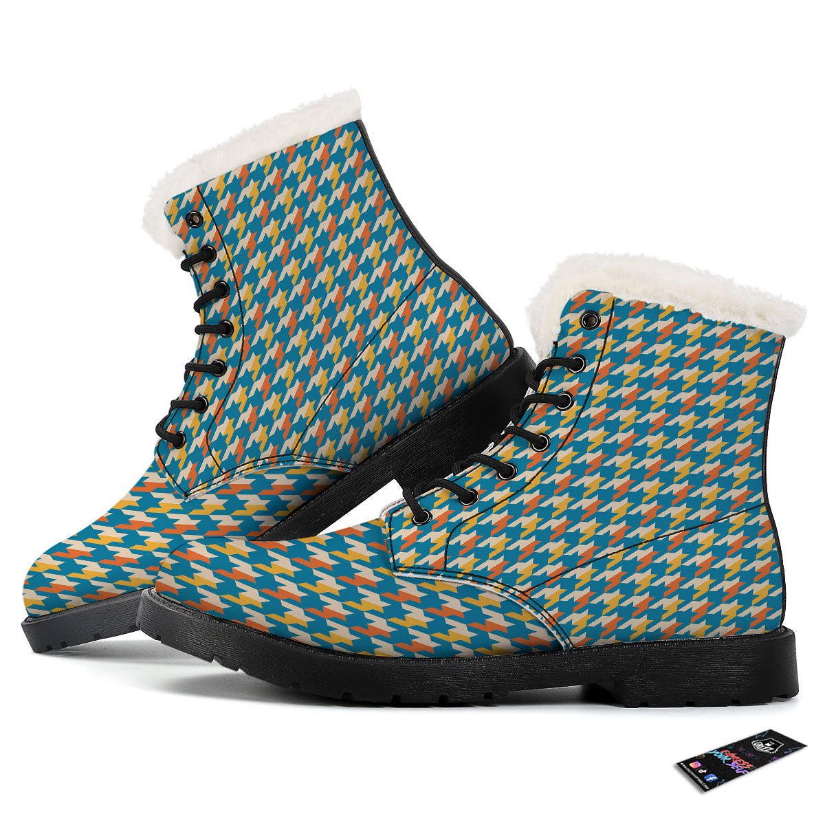 Houndstooth Blue And Orange Print Winter Boots-grizzshop