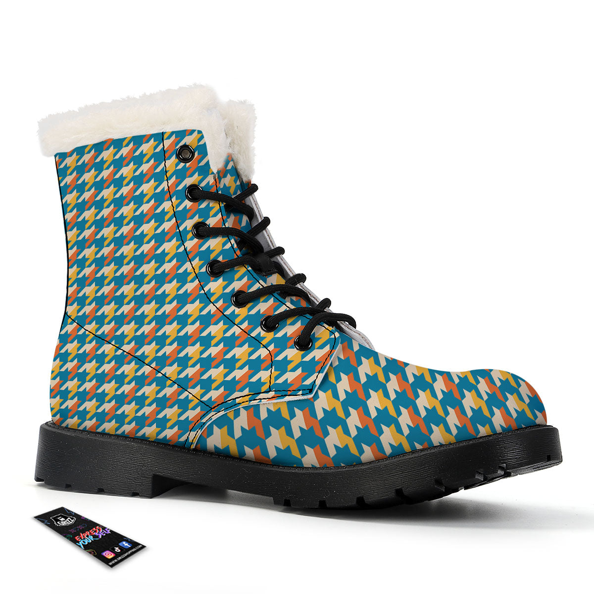 Houndstooth Blue And Orange Print Winter Boots-grizzshop