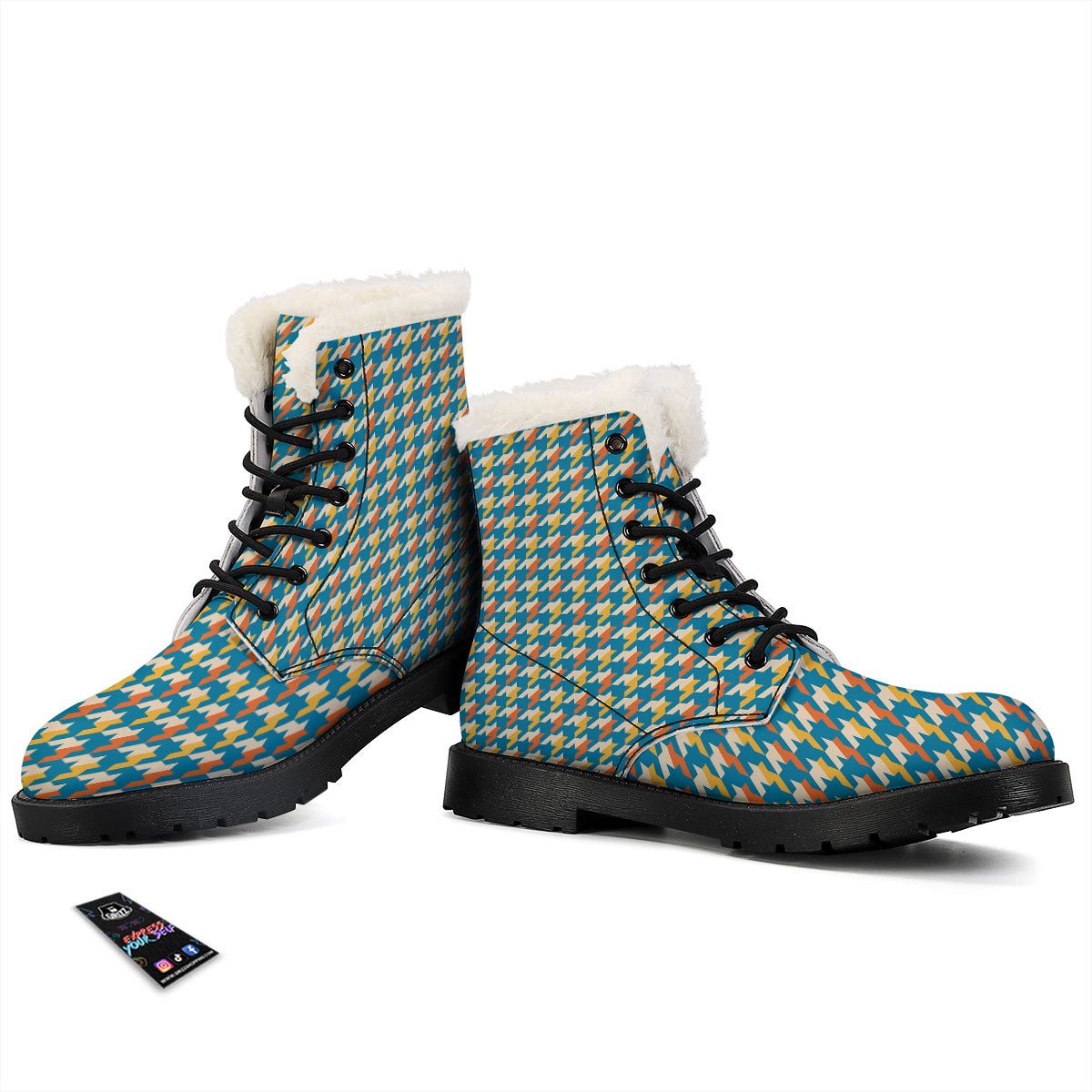 Houndstooth Blue And Orange Print Winter Boots-grizzshop