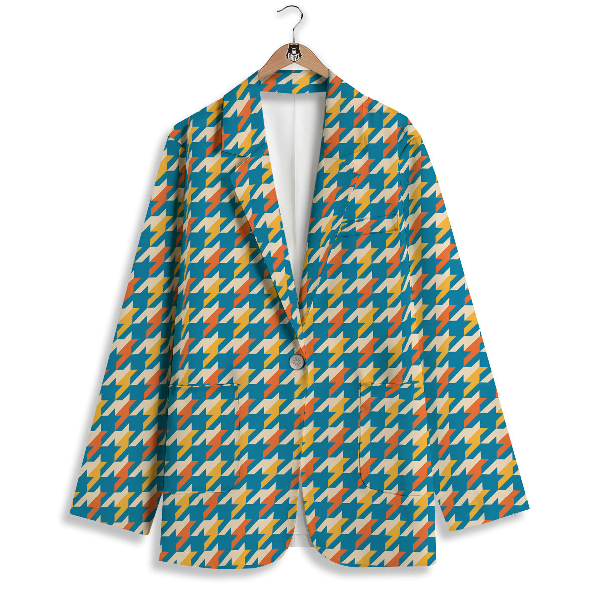 Houndstooth Blue And Orange Print Women's Blazer-grizzshop