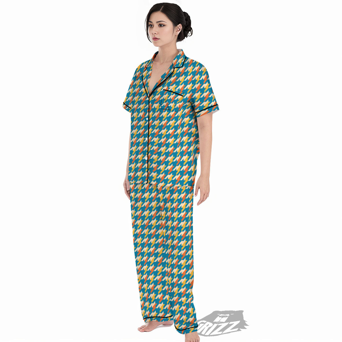 Houndstooth Blue And Orange Print Women's Pajamas Set-grizzshop