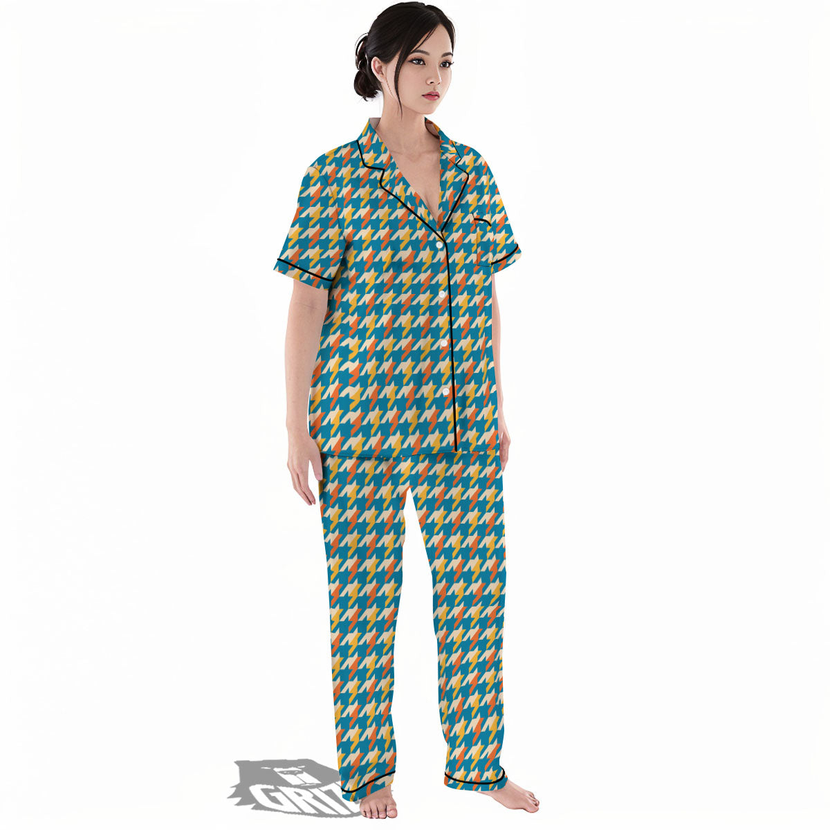 Houndstooth Blue And Orange Print Women's Pajamas Set-grizzshop