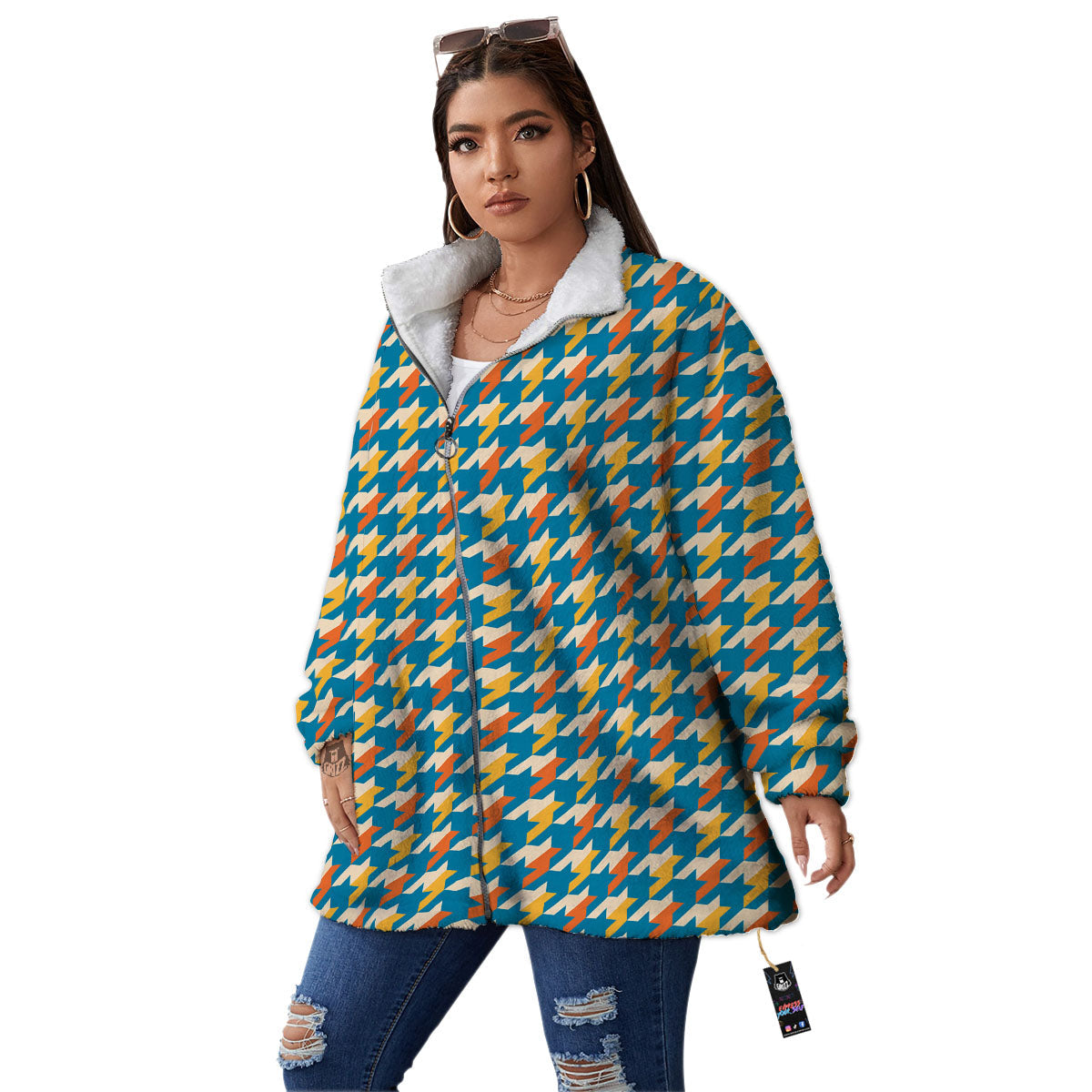 Houndstooth Blue And Orange Print Women's Sherpa Jacket-grizzshop