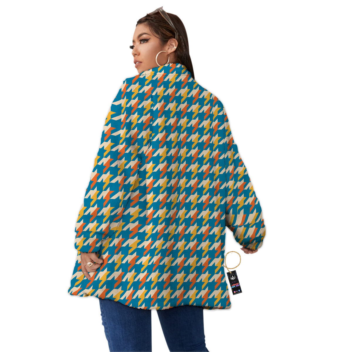 Houndstooth Blue And Orange Print Women's Sherpa Jacket-grizzshop