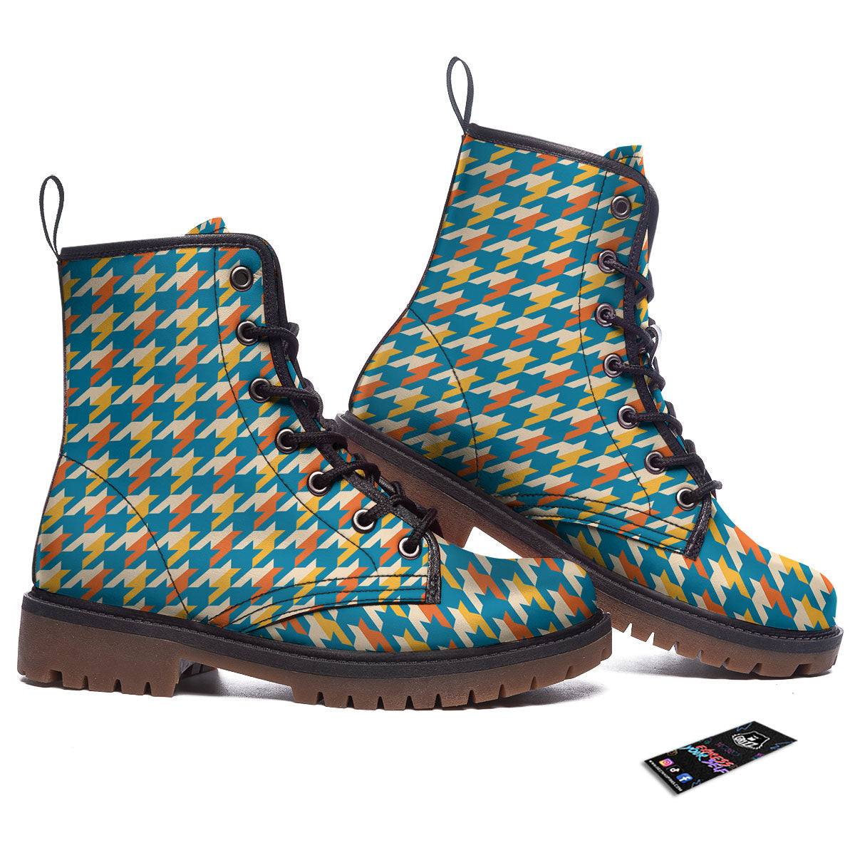 Houndstooth Blue And Orange Print Work Boots-grizzshop