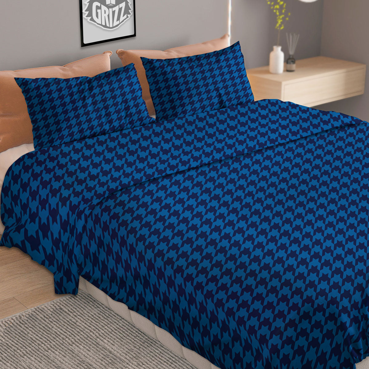 Houndstooth Blue Print Pattern Duvet Cover Bedding Set-grizzshop