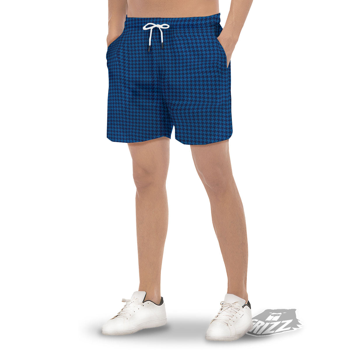 Houndstooth Blue Print Pattern Men's Gym Shorts-grizzshop