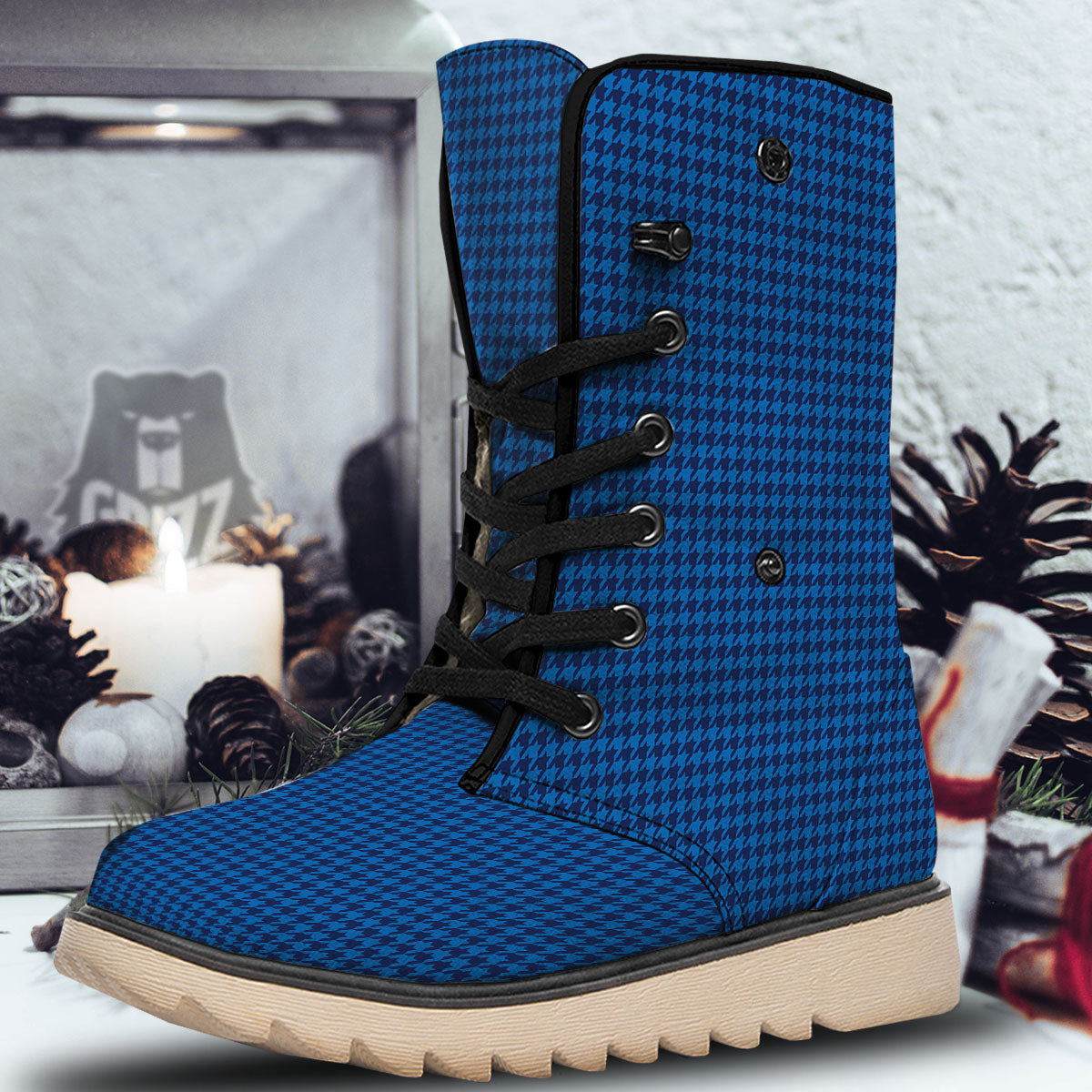 Houndstooth Blue Print Pattern Snow Boots-grizzshop