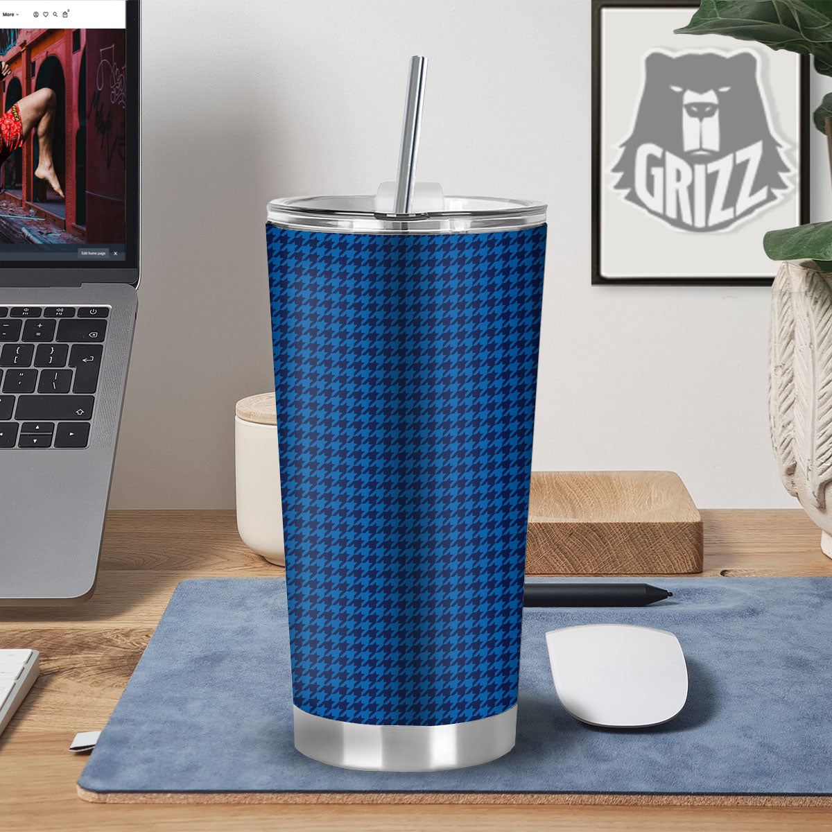 Houndstooth Blue Print Pattern Tumbler-grizzshop