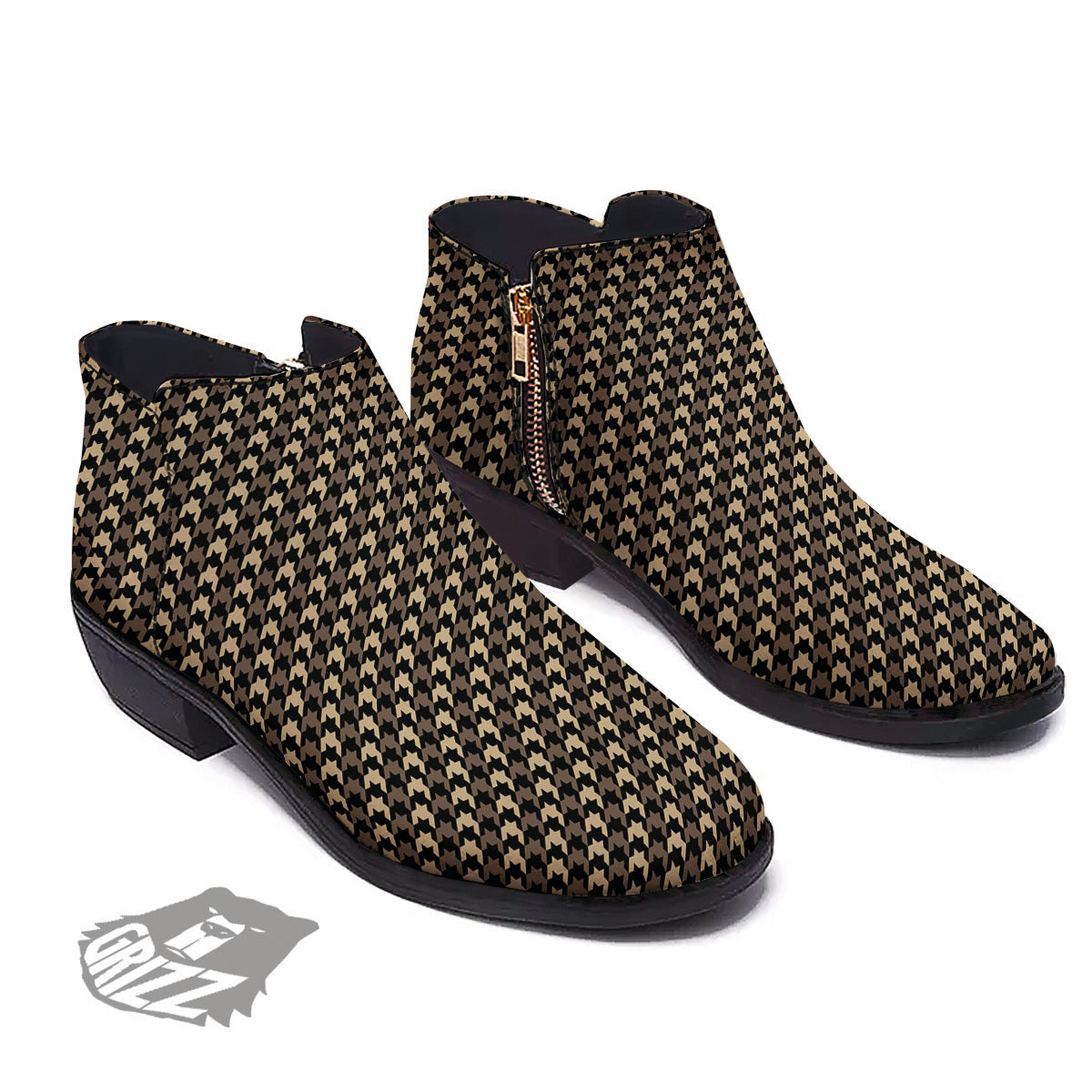 Houndstooth Brown Print Pattern Ankle Boots-grizzshop