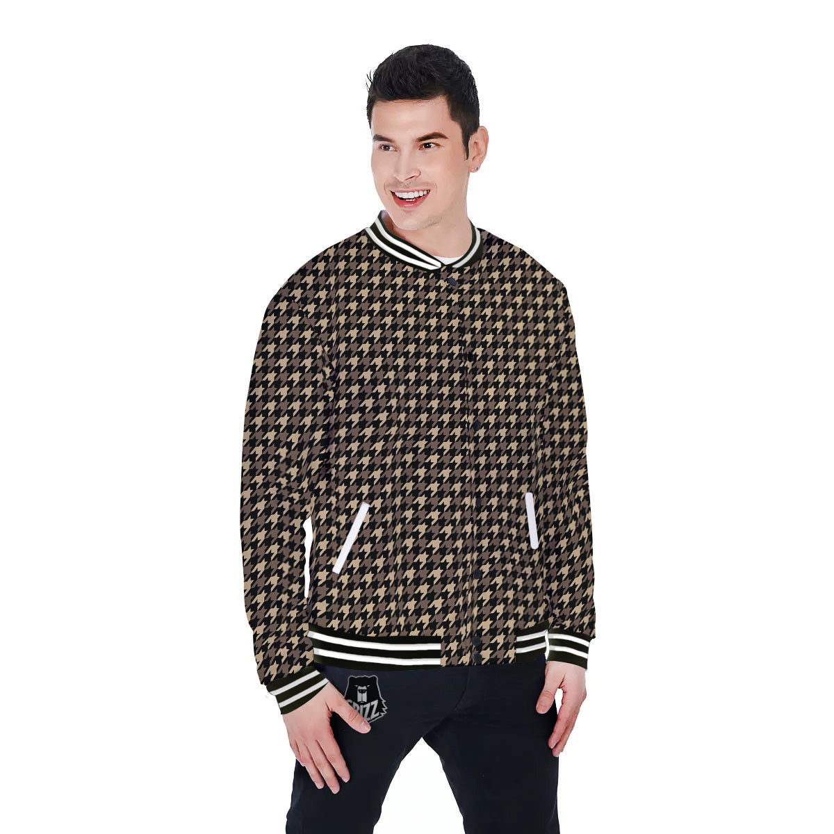Houndstooth Brown Print Pattern Baseball Jacket-grizzshop