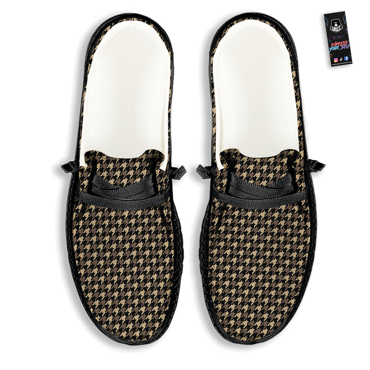 Houndstooth Brown Print Pattern Black Loafers-grizzshop