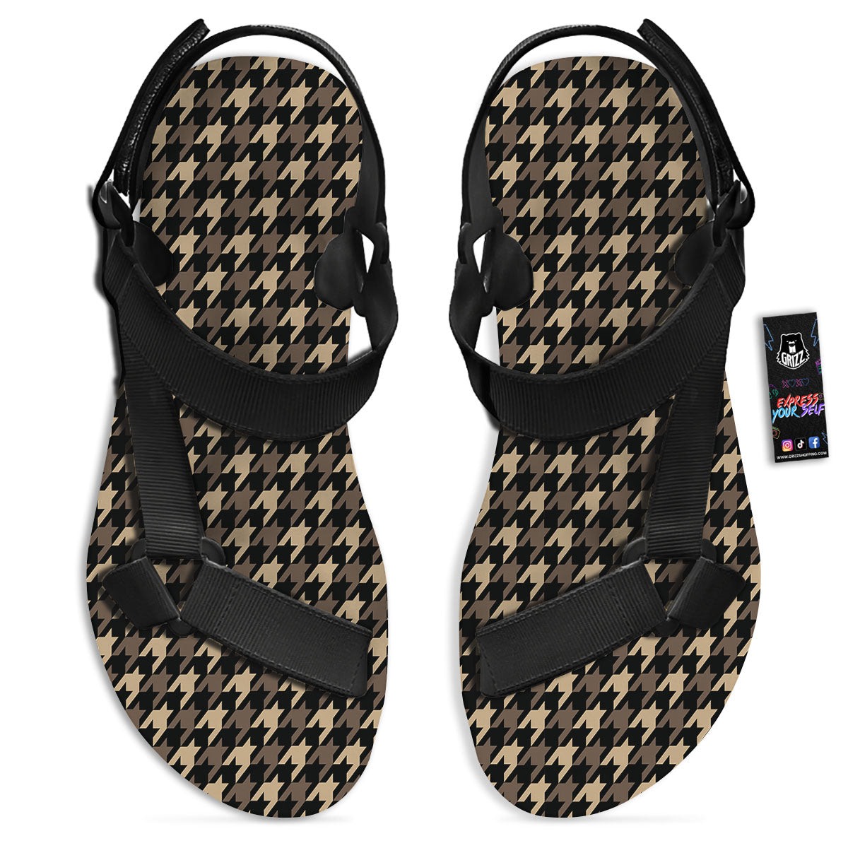 Houndstooth Brown Print Pattern Black Open Toe Sandals-grizzshop