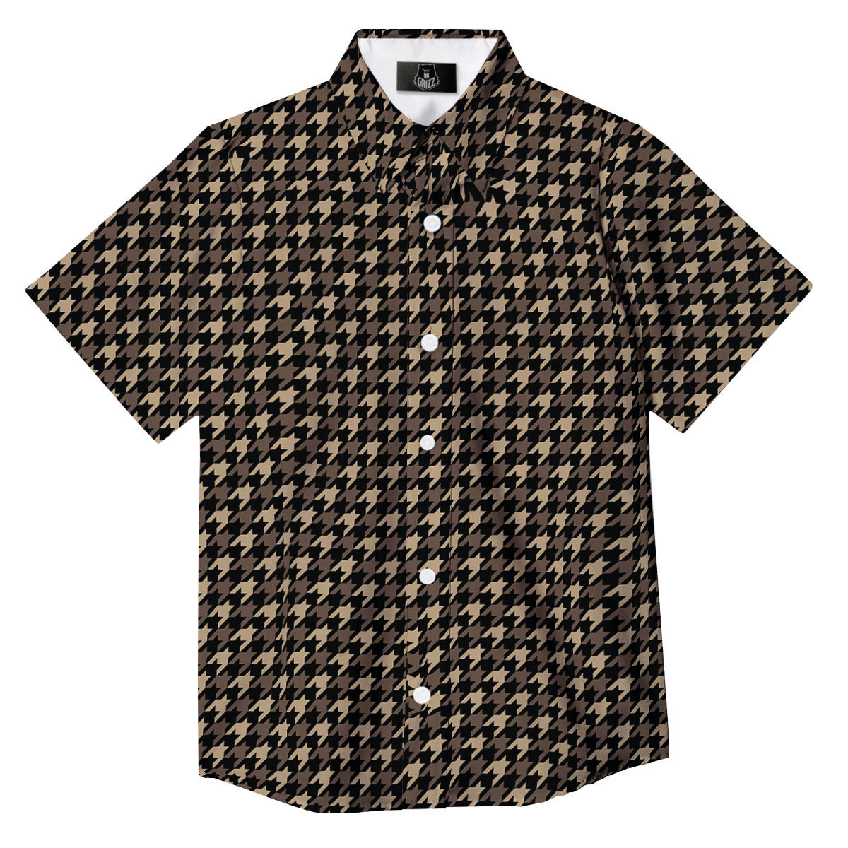 Houndstooth Brown Print Pattern Button Up Shirt-grizzshop