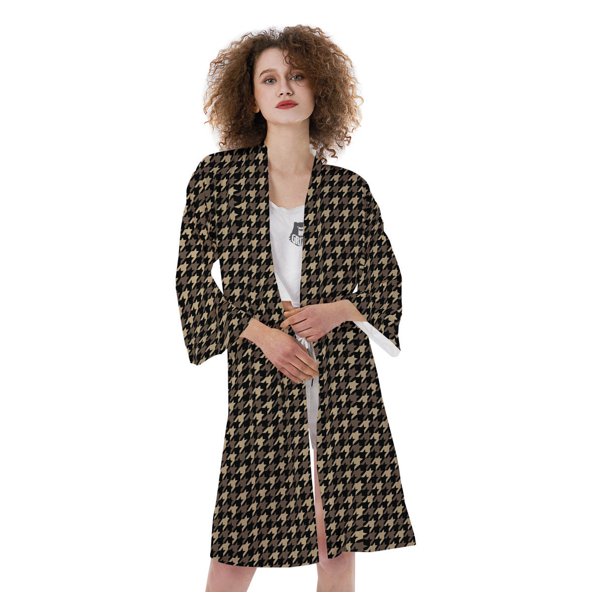 Houndstooth Brown Print Pattern Kimono-grizzshop