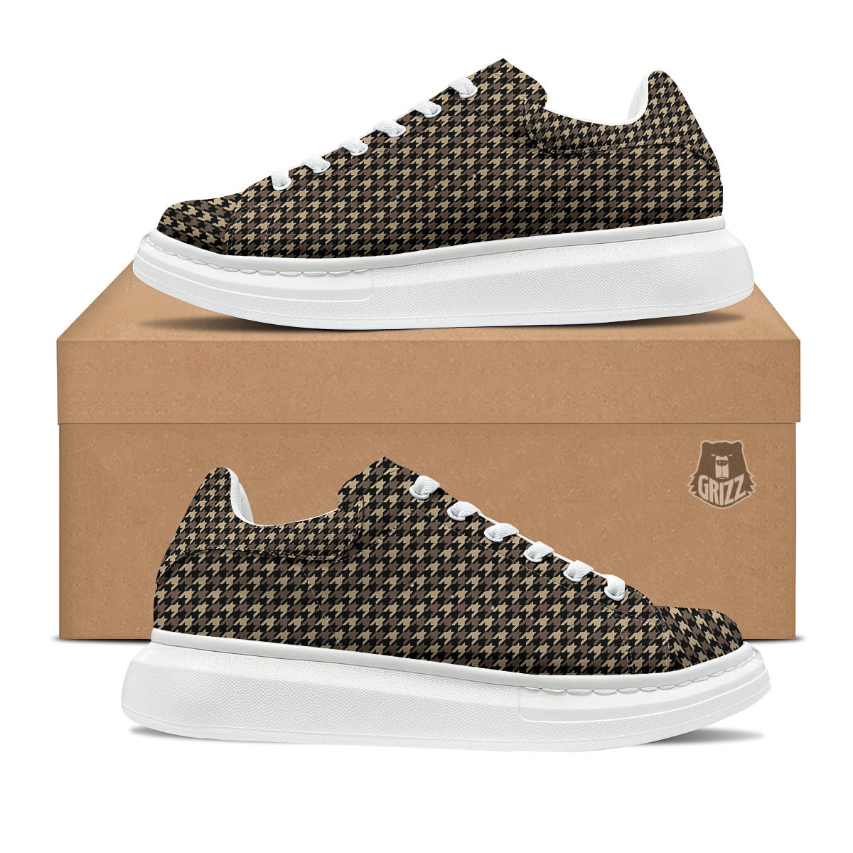 Houndstooth Brown Print Pattern Platform Shoes-grizzshop