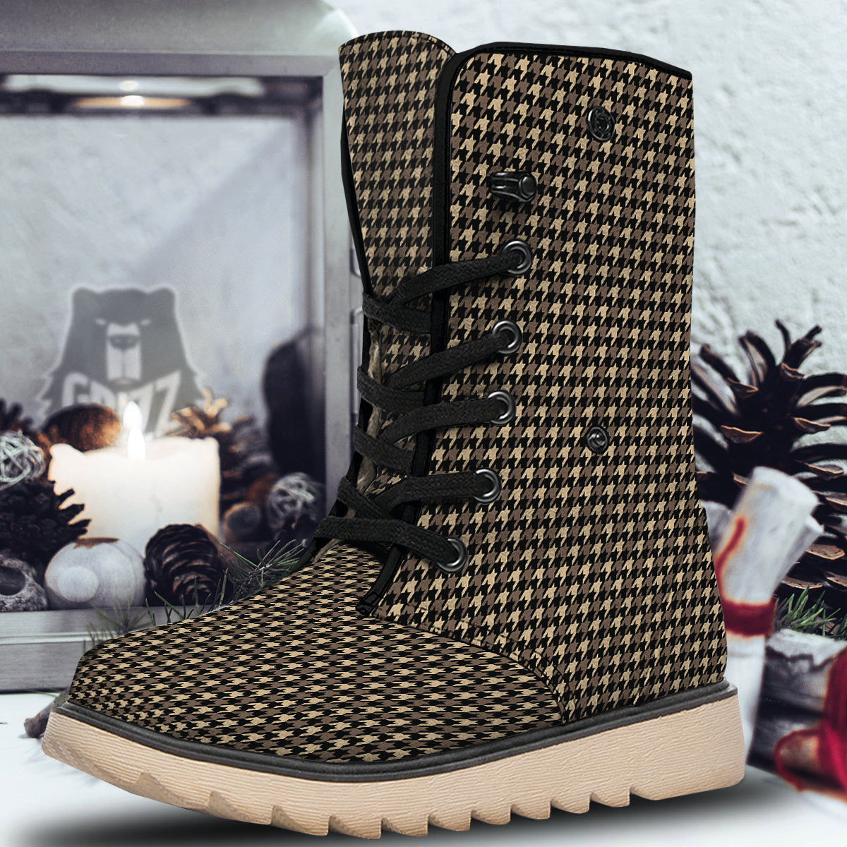 Houndstooth Brown Print Pattern Snow Boots-grizzshop
