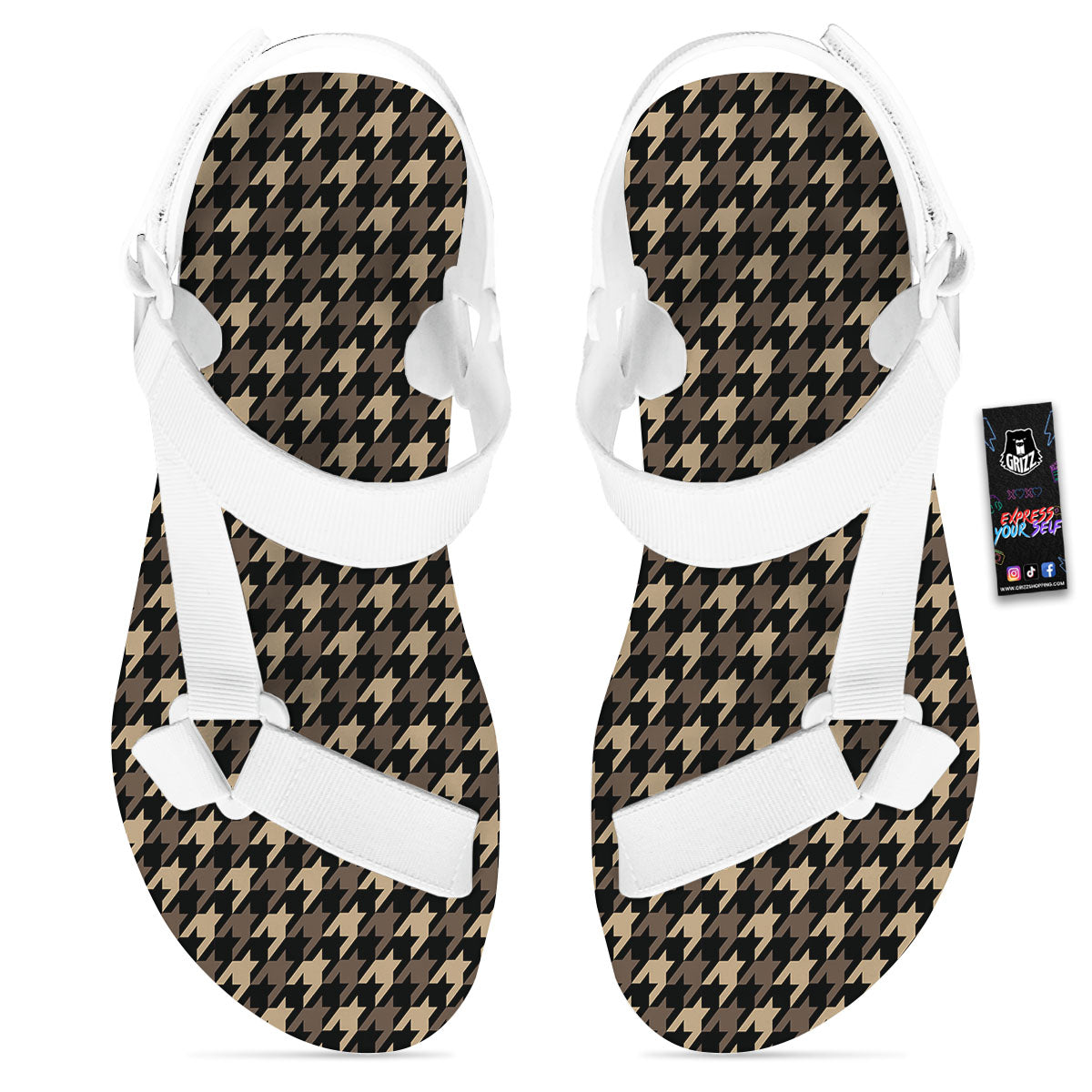 Houndstooth Brown Print Pattern White Open Toe Sandals-grizzshop