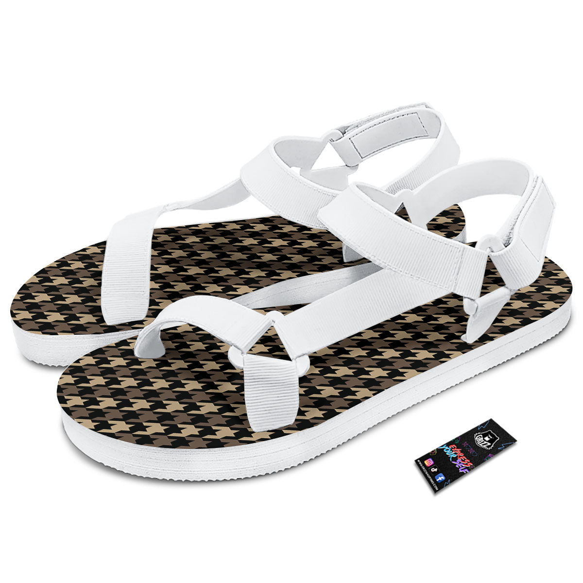Houndstooth Brown Print Pattern White Open Toe Sandals-grizzshop