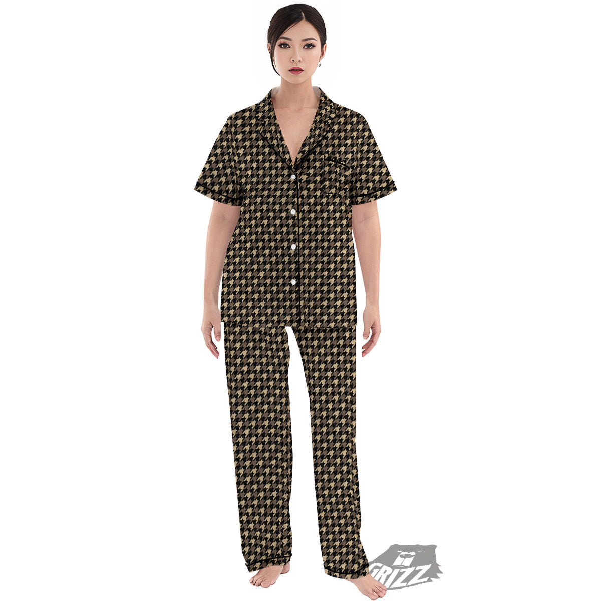 Houndstooth Brown Print Pattern Women's Pajamas Set-grizzshop